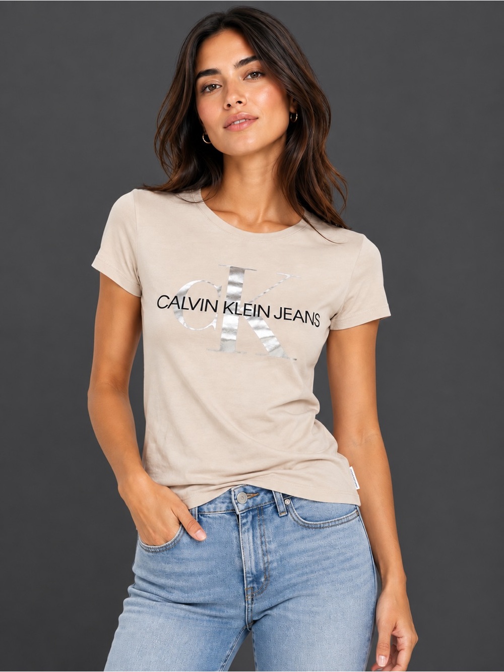 Calvin Klein Jeans Beige Short-Sleeve Tee with Silver Logo